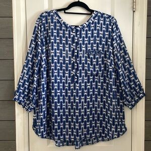 NYDJ Blue & White Geo Print 3/4 Sleeve Silky Pullover Blouse 2X NWOT